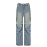 Jean délavé taille basse plissé, couleur unie, poches à brides, coupe droite, pantalon assorti